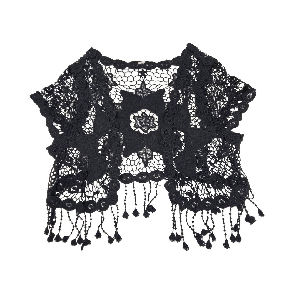 Whimsigoth Boho Black Crochet Shrug Floral Tassel Fringe Bolero Vest Cropped